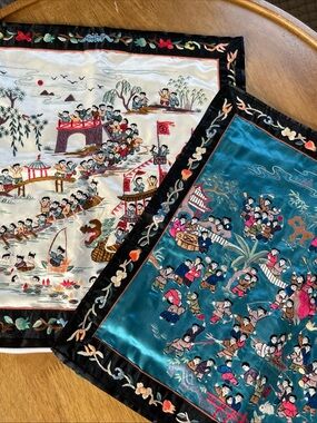 Pair Vintage Chinese Silk Embroidered Pillow Covers Beijing Dun Huang Festival